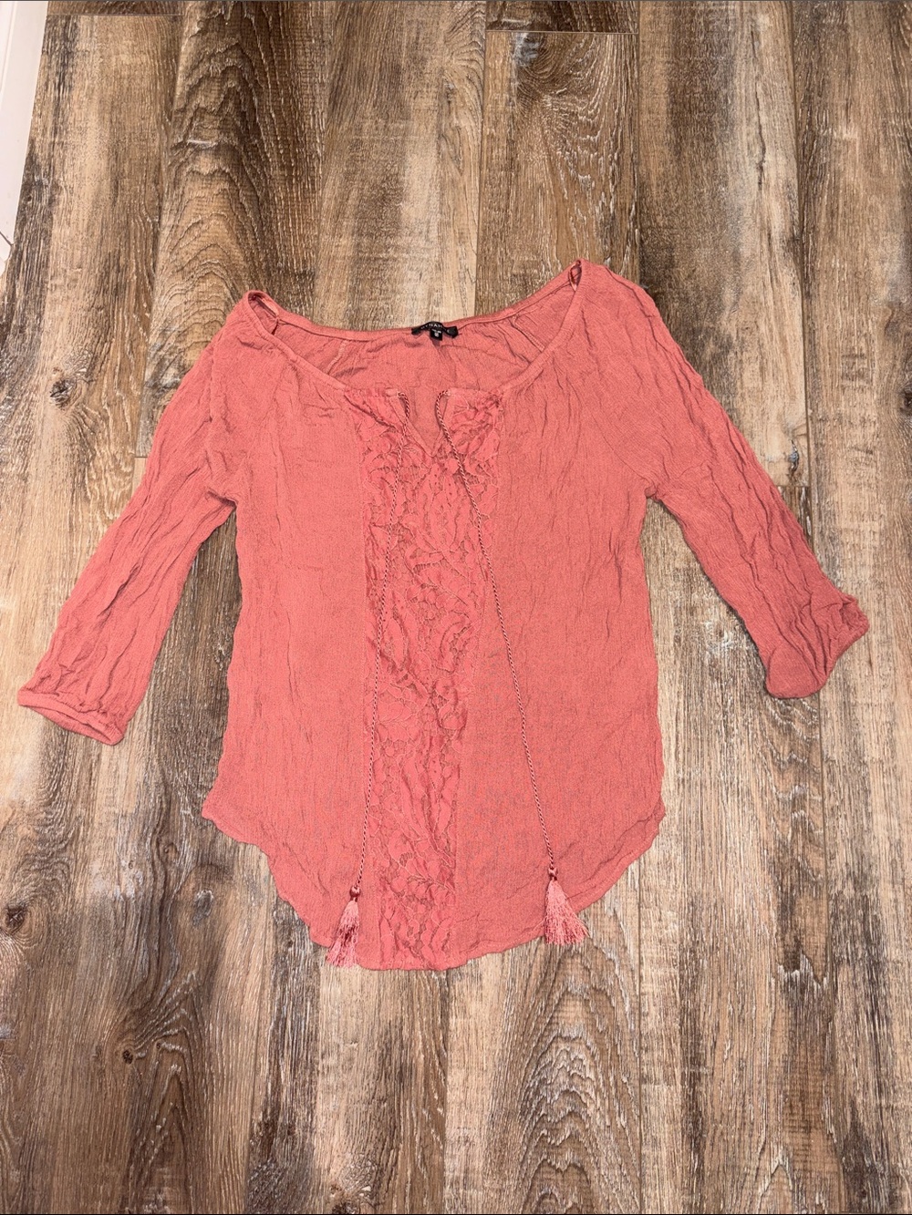Dynamite Coral Lace-Front Peasant Blouse
